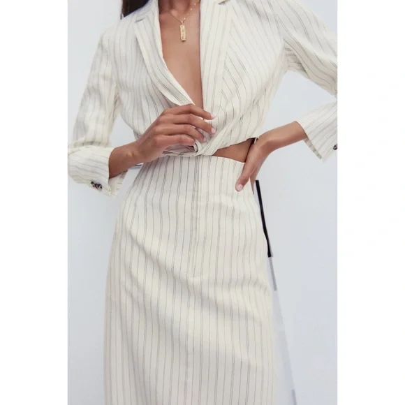 Matching Set - Zara Cropped Striped Blazer with Linen Blend Midi Skirt - Picture 3 of 11